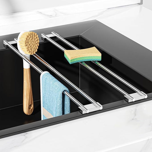 Dish Cloth Holder for Kitchen Sink, Adjustable Over-The-Sink Dish Rag Rack, Metal Kitchen Racks Sink Brush Holder, Drying Rack for Dishcloths, Sponges, Brushes, and Bottles (2, Sliver)