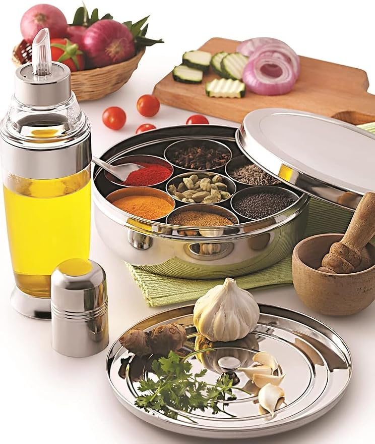 Taluka Stainless Steel Spice Box Indian Masala Dabba With 7 Compartments 1 Small Spoon & 4 Pcs Of Measuring Spoon For Home Restaurant Chefs 8x8 Inches