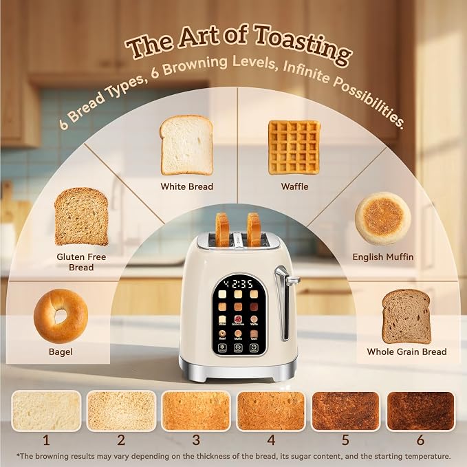 RONGBEST Retro 2 Slice Touchscreen Toaster with Stainless Steel Wide Slot for Breakfast Bread Bagel, Reheat & Defrost, 6 Browning Levels, Removable Crumb Tray, Cream Color