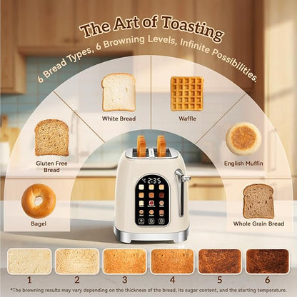 RONGBEST Retro 2 Slice Touchscreen Toaster with Stainless Steel Wide Slot for Breakfast Bread Bagel, Reheat & Defrost, 6 Browning Levels, Removable Crumb Tray, Cream Color