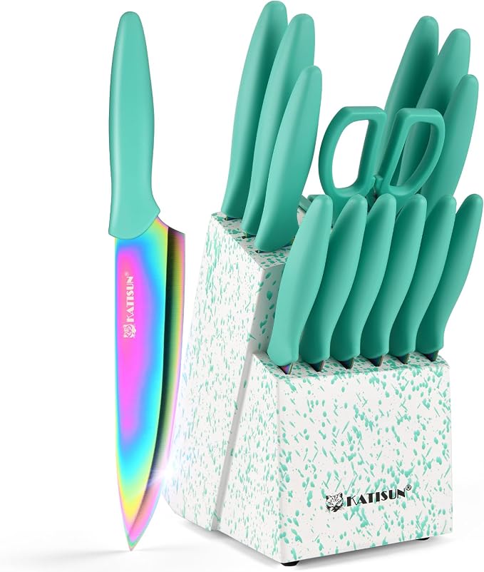 Kitchen Knife Set with Block, 15 Piece Rainbow Titanium Coated Stainless Steel Knives Set, Built in Sharpener, Anti-Rust and Dishwasher Safe, 12 Knives with Kitchen Shears and Block