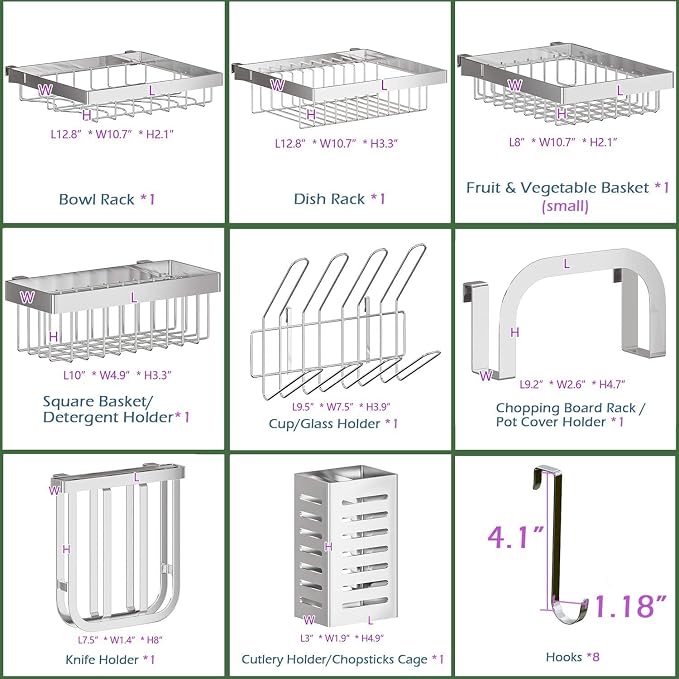 PUSDON Over Sink Dish Drying Rack Stainless Steel, Adjustable Large Dish Drainer for Storage Kitchen Organization Silver 2 Tier - Standard(26"-38")