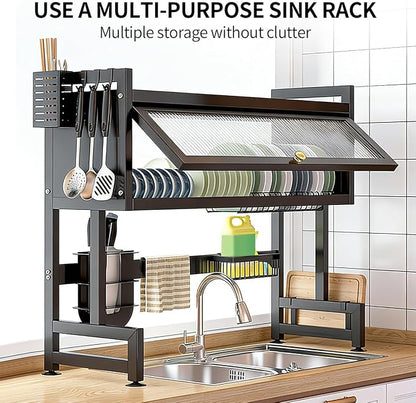 Verida Over the Sink Dish Drying Rack 3 Tier, Over Sink Dish Drain Drying Rack for Kitchen Storage of Dishes and Cutlery, Space Saving Dish Rack with Cover, Black