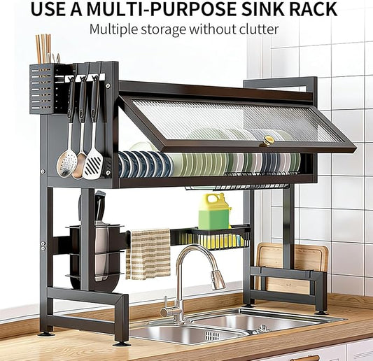 Verida Over the Sink Dish Drying Rack 3 Tier, Over Sink Dish Drain Drying Rack for Kitchen Storage of Dishes and Cutlery, Space Saving Dish Rack with Cover, Black