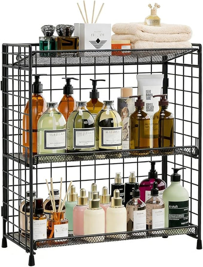 DTUQYX Bathroom Counter Storage Organizer, 3 tier Flodable Perfume Make up Organizers for Vanity, Installation-free Metal Seasoning Shelf Spice Rack for Countertop, Kitchen, Cabinet, Bedroom, RVs