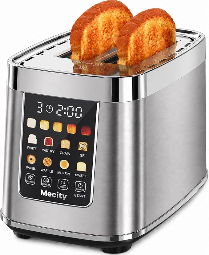 Mecity Motorized Toaster 2 Slice with Touch Screen, Stainless Steel Smart Toaster, 8 Bread Types, 5 Shade Levels, 1200W High Power, Keep Warm Mode, Reheat Defrost Functions, 120V