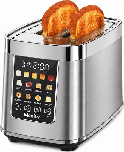 Mecity Motorized Toaster 2 Slice with Touch Screen, Stainless Steel Smart Toaster, 8 Bread Types, 5 Shade Levels, 1200W High Power, Keep Warm Mode, Reheat Defrost Functions, 120V