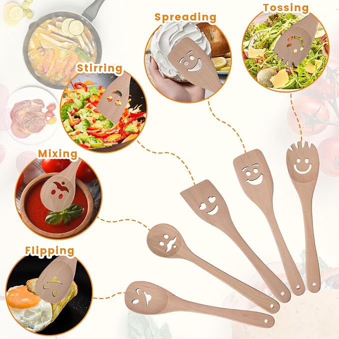 HANSGO 5PCS Wooden Spoons for Cooking, Funny Wooden Utensil Set Wood Spatulas with Smile Faces Cute Kitchen Accessories, Best Cooking Gifts for Housewarming Wedding Holidays