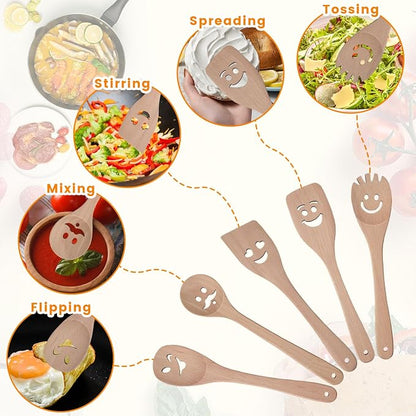 HANSGO 5PCS Wooden Spoons for Cooking, Funny Wooden Utensil Set Wood Spatulas with Smile Faces Cute Kitchen Accessories, Best Cooking Gifts for Housewarming Wedding Holidays