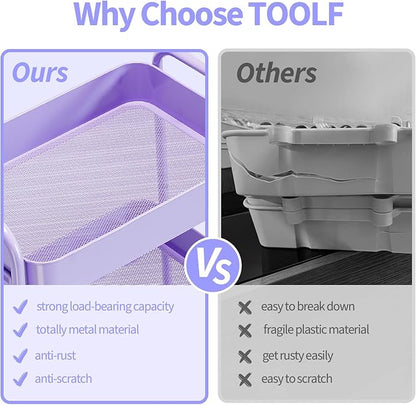 TOOLF 3-Tier Rolling Cart - Metal Utility Storage Organizer with Lockable Wheels, 33 lbs Per Shelf, Tool-Free 5-Min Assembly, for Kitchen Bathroom Office Nursery Craft Room, Purple