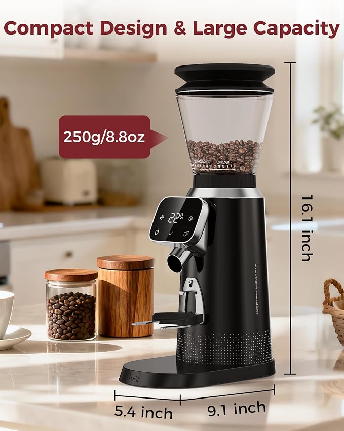 Tuni G2 Conical Burr Coffee Grinder with 70 Precise Grind Settings, Anti-Static Design, Adjustable Electronic Timer & LED Touchscreen, For Espresso Drip Cold Brew French Press, Stainless Steel, Black