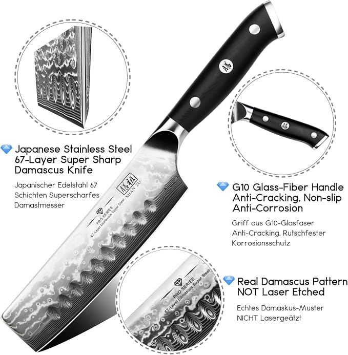SHAN ZU Chef Knife, Damascus Professional Extra Sharp Kitchen Knife, Japanese High Carbon Super Steel Nakiri Knife with Ergonomic G10 Glass Fiber Handle