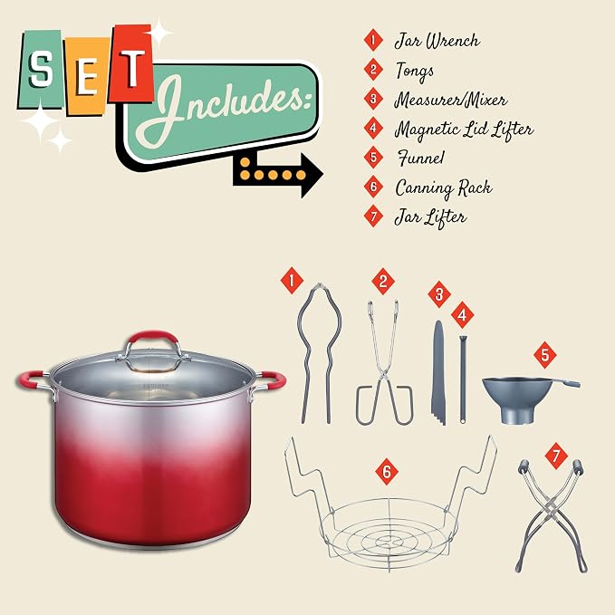 CONCORD 20 Quart Stainless Steel Canning Pot Set. Includes Canning Rack, Tongs, Jar Lifter, Funnel, Wrench, Lid Lifter, Mixer/Measurer (Induction Compatible)