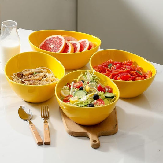 HASENSE Large Serving Bowls, Ceramic Salad Mixing Bowls, 42 Ounce Serving Dishes for Entertaining, Oval Pasta Bowls for Soup Salad Popcorn Side Dishes, Set of 4, Yellow