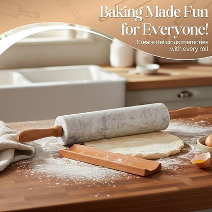 Flexzion Marble Rolling Pin Heavy Nonstick Stone Dough Roller - 10 Inch Polished Barrel with Wooden Handles & Cradle Stand for Baking Pastry Bread Pizza Cookies Pie Crust Pasta Tortillas (White)