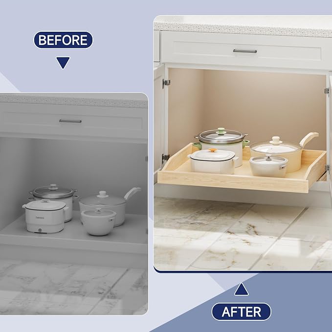 Pull Out Cabinet Organizer 31.5" W x 21" D, Soft Close Slide Out Wood Drawer Shelf for Kitchen Cabinets, Pull Out Cabinet Drawer for Base Cabinet, Pantry and Bathroom Storage, Bottom Mount