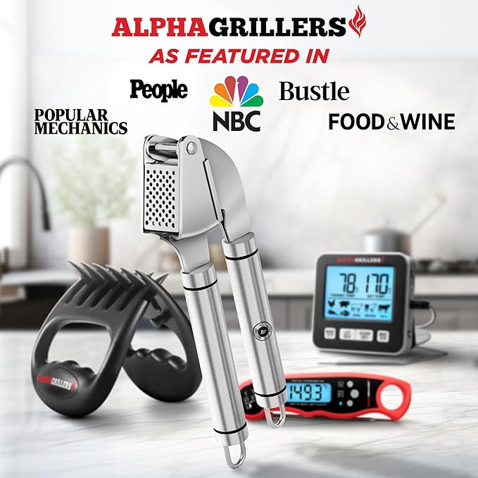 Alpha Grillers Garlic Press Stainless Steel - Easy to Clean, Rust-Proof, Dishwasher Safe - Stainless Steel Garlic Press, Mincer, Crusher with Silicone Peeler & Cleaning Brush