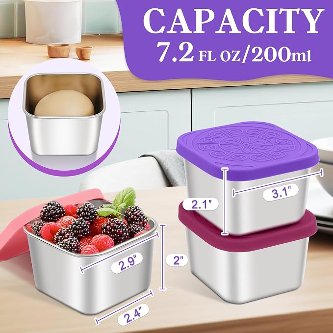 Qukaka Stainless Steel Snack Containers for Kids,7.2oz Easy Open Leak Proof Reusable Snack Box Container with Lids,Small Lunch Containers for Meal Prep,School,Picnic and Travel-3Pack