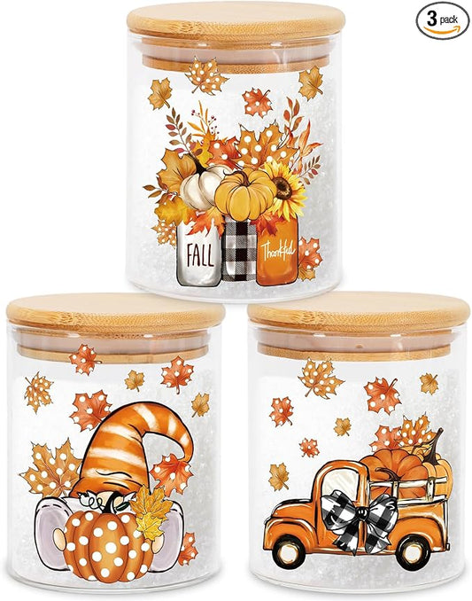 JarThenaAMCS 3Pcs Fall Glass Storage Jars with Airtight Lid Orange Pumpkin Autumn Gnome Truck Clear Food Storage Canisters Sets for Harvest Thanksgiving Home Kitchen Countertop Decoration
