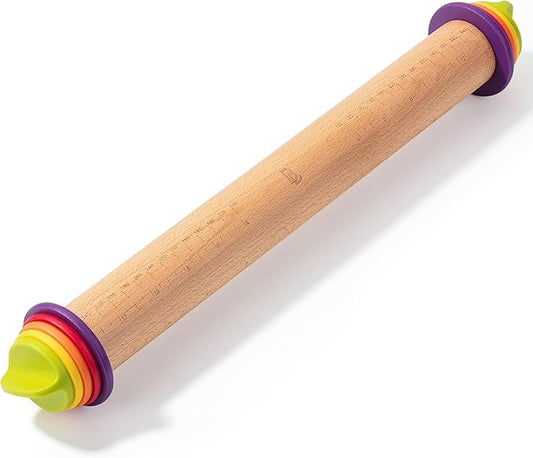 BAMBOO LAND- Adjustable Rolling Pin with Thickness Rings for Baking, 13.8", 4 Colorful Thickness Rings (2-10 mm or 1/16"-3/8"), Wood Rolling Pins for Baking, Bread, Pizza Doughs
