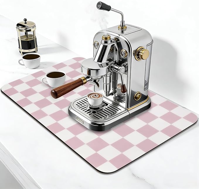 CooRug Checkered Dish Drying Mat for Kitchen Counter, Absorbent Non-Slip Coffee Mat, Heat Resistant Mat for Countertops Coffee Bar Decor 16" x 24" Pink