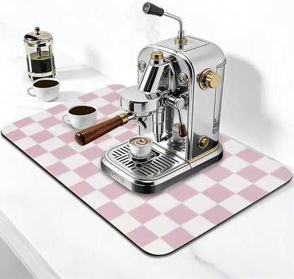 CooRug Checkered Dish Drying Mat for Kitchen Counter, Absorbent Non-Slip Coffee Mat, Heat Resistant Mat for Countertops Coffee Bar Decor 16" x 24" Pink
