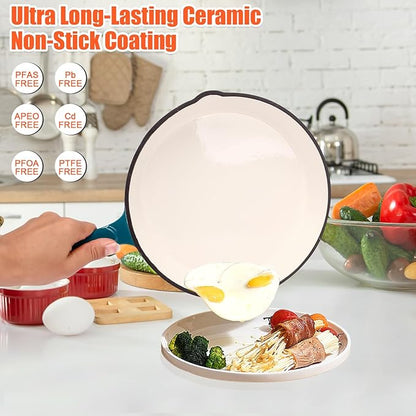 QuliMetal Nonstick Enameled Cast Iron Skillet Set (8", 9.5", 11") - Healthy Non-Toxic, PFOA/PFAS/PTFE-Free, All Stovetops Compatible, Light Cyan, 3-Pieces