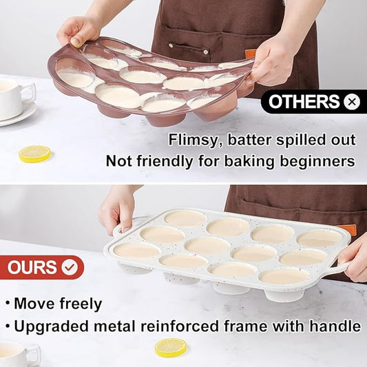 Silicone Muffin Pans for Baking, with Metal Reinforced Frame 2.8 Inch Regular Size Silicone Molds Nonstick 12 Cups for Baking Homemade Muffins, Cupcakes, Egg Bites 2 Pack Dishwasher Safe BPA Free