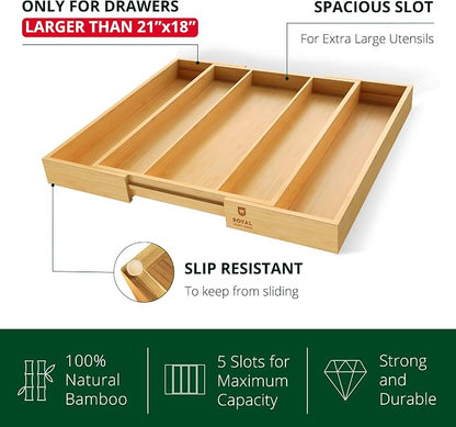 Luxury Bamboo Kitchen Drawer Organizer - Silverware Organizer - Utensil Holder and Cutlery Tray with Grooved Drawer Dividers for Flatware and Kitchen Utensils (5 Slot, Natural)
