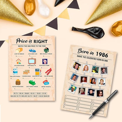QUPT 40th Birthday Party Games, Set of 2 Activities for 15 Guests, Born in 1986 Games Bundle, Birthday Party Supplies for Adults, Pack of 30 Cards