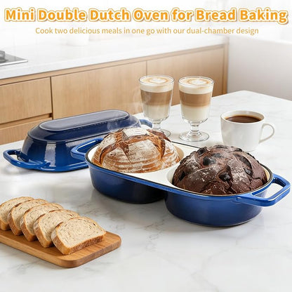 Mini Double Dutch Oven For Sourdough Bread Baking, 2.2QT Enameled Cast Iron Dutch Oven Pot With Lid, Non Stick Dual Round Bread Loaf Pan, 500°F Oven Safe, Sourdough Baking Pan For Homemade Baking