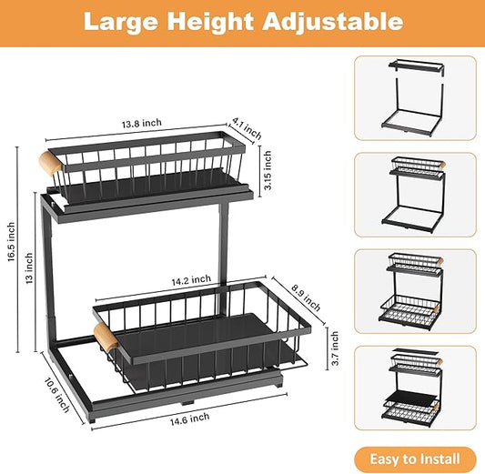 Under Sink Organizer 2 Tier, Pull Out Drawer Slides Under Sink Storage for Bathroom Kitchen,Multi-Purpose Drawer Under Cabinet Organizer for Cleaning Supplies (Black, Large-1 Pack)