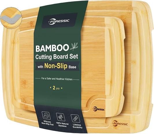 Bamboo Cutting Board Set Non Slip Feet Butcher Block 2-Pcs With Smooth Surface Knife-Friendly and Easy Storage For Kitchens Meal Prep & Serving Kitchen Gadgets