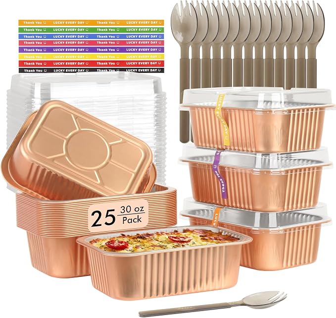 LNYZQUS 7” x 5” Small Aluminum Pans with Lids 25 Pack, 30oz Heavy Duty Foil Baking Tins Large To Go Containers,Individual Leftover Containers Baked Food Holders Boxes for Oven Grill-Champagne
