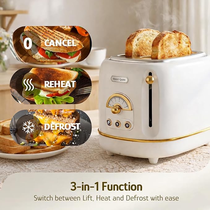 Hazel Quinn 2-Slice Retro Toaster, 6 Browning Levels, 3 Functions-Defrost/Reheat/Cancel, Removable Crumb Tray for Easy to Clean, 1.5 Inches Extra Wide Slots - Pearl White