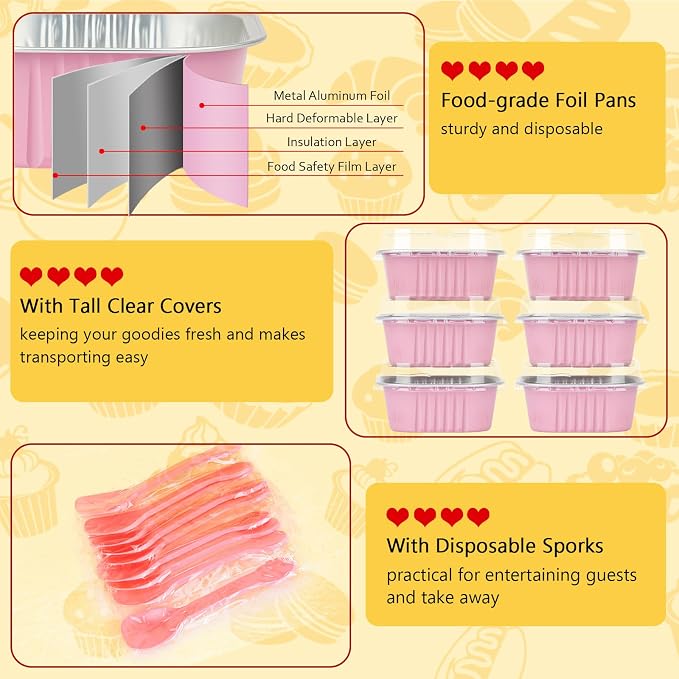 LNYZQUS Mini Cake Pans with Lids 25 Pack,10oz Small Baking Tins Foil Muffin Cups for Brownie, Individual 4” Bread Pan Disposable Cupcake Containers for Valentine Holiday Bake Sale-Pink