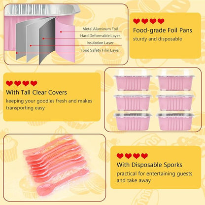 LNYZQUS Mini Cake Pans with Lids 25 Pack,10oz Small Baking Tins Foil Muffin Cups for Brownie, Individual 4” Bread Pan Disposable Cupcake Containers for Valentine Holiday Bake Sale-Pink
