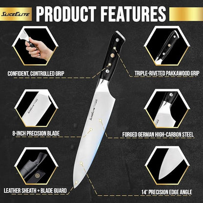 SliceElite Slice Series 8 Inch Chef Knife High Carbon German Steel Blade Pakkawood Handle Dual Sheath Sharp Cooking Knife for Meat Cleaver BBQ Kitchen Knife for Slicing Chopping Cutting Carving Tool