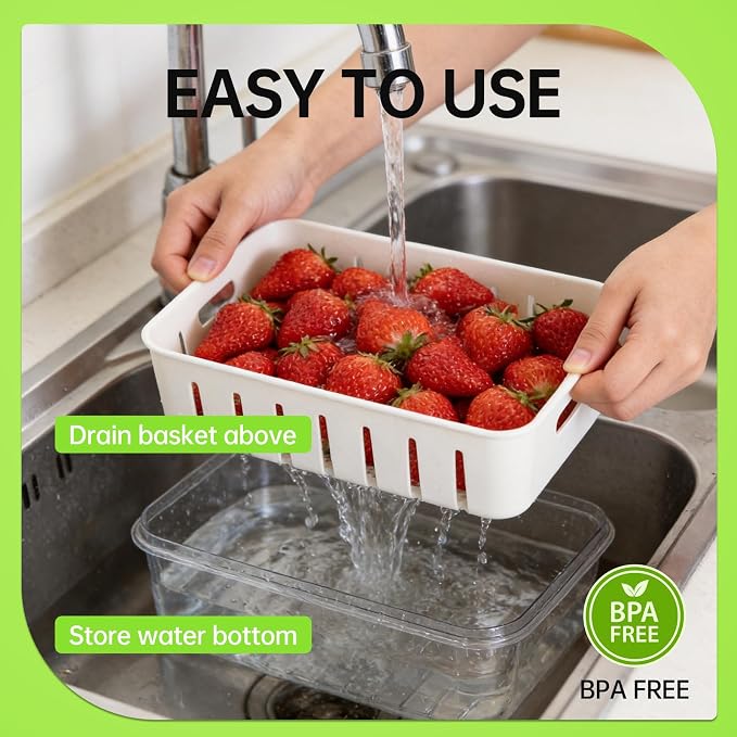 Fruit Storage Containers for Fridge, Strawberry Containers for Fridge with Handle, 2 Pack Keepers with Removable Mesh Screen, Berry Saver for Fresh Fruit, Stays Fresh, Simple to Clean