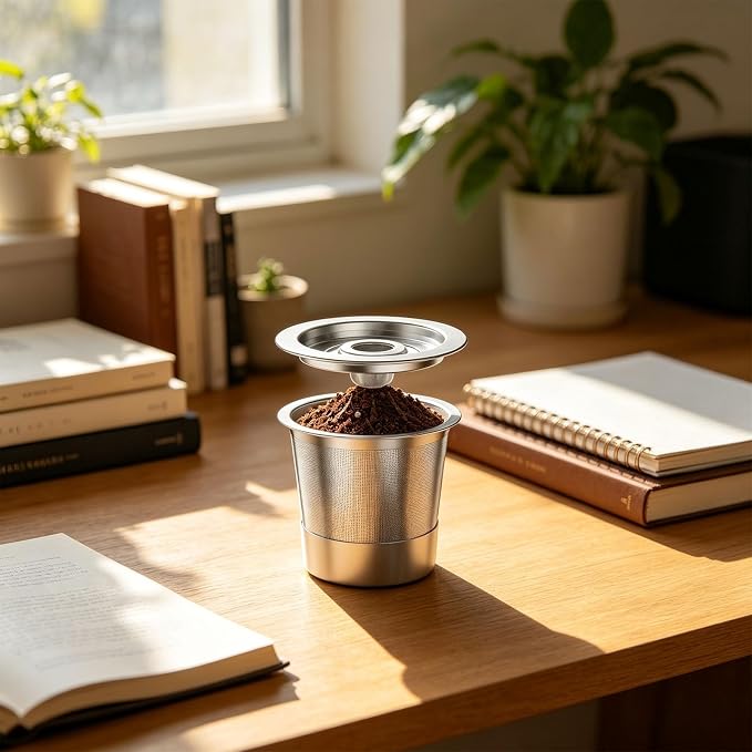 Reusable Stainless Steel Coffee Cup with Measuring Spoon for Single Serve Machines Sustainable Design