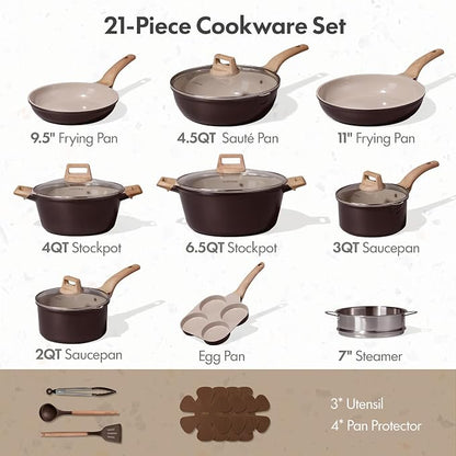 CAROTE 21 PCS Ceramic Cookware Set, Pots and Pans Set Non Stick, Pot and Pan Set with Frying Pan, Induction Ready Cooking Set for Kitchen, PFOS/PFOA/PFAS Free, Brown