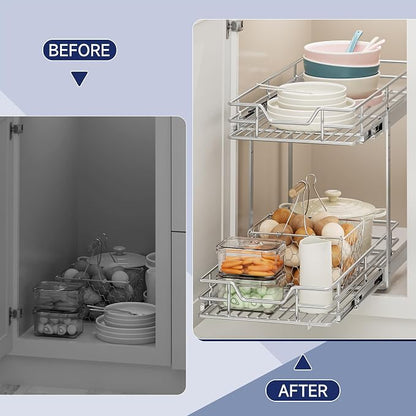 2-Tier Pull Out Cabinet Organizer, 12.5" W x 21.5" D, Heavy Duty Dual Slide Out Shelves for Narrow Base Cabinets, Chrome Wire Basket Drawer for Spices, Bottles & Snacks