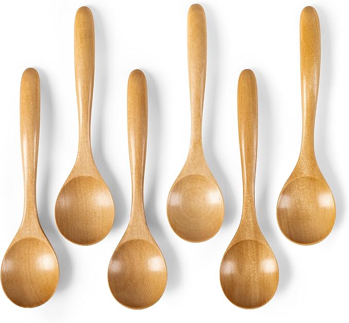 6 PCS Wooden Spoons for Honey, 6.7 inch Small Wooden Spoons - Terrific for Tea, Coffee & Soup, Little Schima Wood Serving Table Spoon Set, Bulk Bamboo Teaspoon for Eating with Unique Design