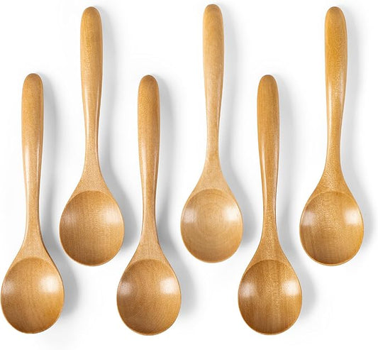 6 PCS Wooden Spoons for Honey, 6.7 inch Small Wooden Spoons - Terrific for Tea, Coffee & Soup, Little Schima Wood Serving Table Spoon Set, Bulk Bamboo Teaspoon for Eating with Unique Design