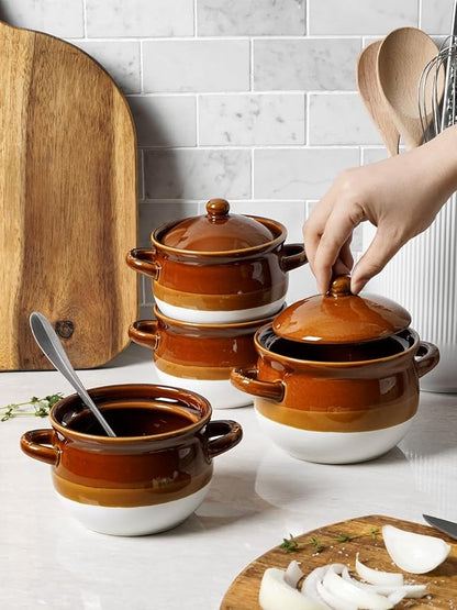 LE TAUCI French Onion Soup Bowls with Lids, 16 oz Ceramic Soup Crocks with Handles, Oven/Microwave/Dishwasher Safe, Set of 4 – From Oven to Table for French Onion, Chili, Pot Pies