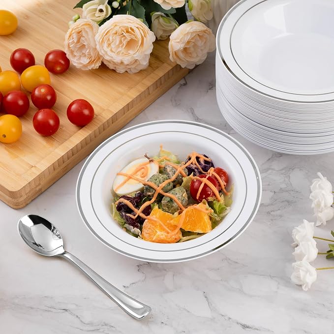 Goodluck 300 Pack Plastic Bowls with Silver Rim, 12oz Disposable Soup Bowls, Heavy Duty Dessert Bowls for Weddings, Parties, Dinners, Catering, and Everyday Use