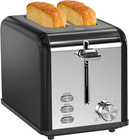 Simple Deluxe 2-Slice Toaster, 6 Browning Setting and 3 Function Stainless Steel Toaster, Extra Wide Slot & Removable Crumb Tray, for Bread & Waffle, Black
