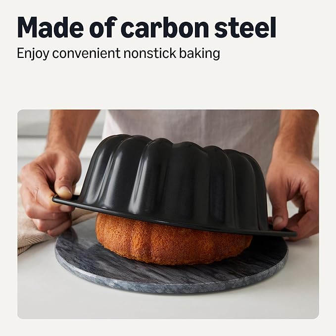 Amazon Basics Nonstick Carbon Steel Fluted Cake Pan, Dishwasher and Oven-Safe, 10 inch, Black