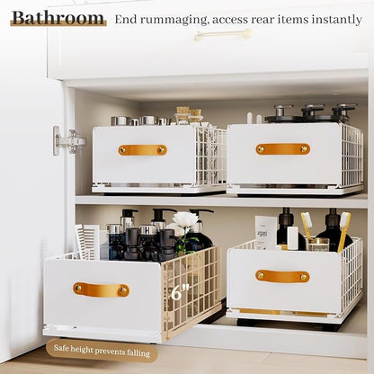 Pull Out Cabinet Organizer, No-Drill Pantry Drawers, Slide Out Shelves with Bamboo Risers for Lipped Cabinets,Ideal for Kitchen, Bathroom & Under Sink Storage (White, 9.8" Wide-15.7" Deep)