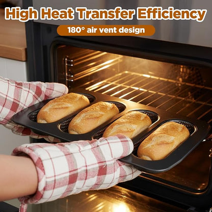 2 Pcs Hot Dog Bun Pan, 4 Cavity Perforated Carbon Steel Bread Loaf Pan, Nonstick & Heat Resistant for Homemade Buns, Mini Baguettes & Sandwich Baking, Bun Rolls, Dishwasher Safe (PFOA-FREE)